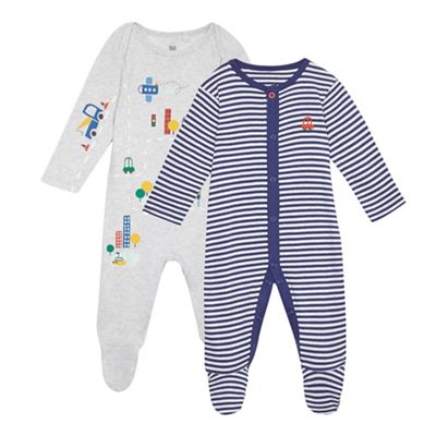 Pack of two baby boys' grey and navy stripe sleepsuits